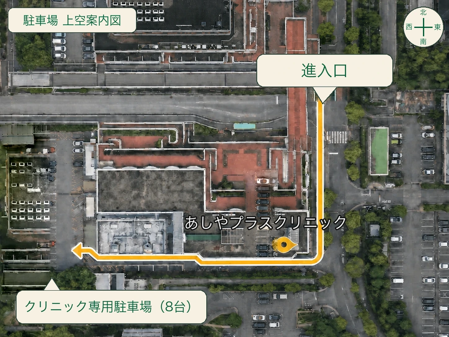 元のGoogle Earth上空写真を左90度回転し、北を上にしたクリニック専用駐車場までの案内図。画像右側の進入口から南へ進み、クリニック脇を西へ進んで画像左下の専用駐車場8台分へ入る経路を矢印で表示